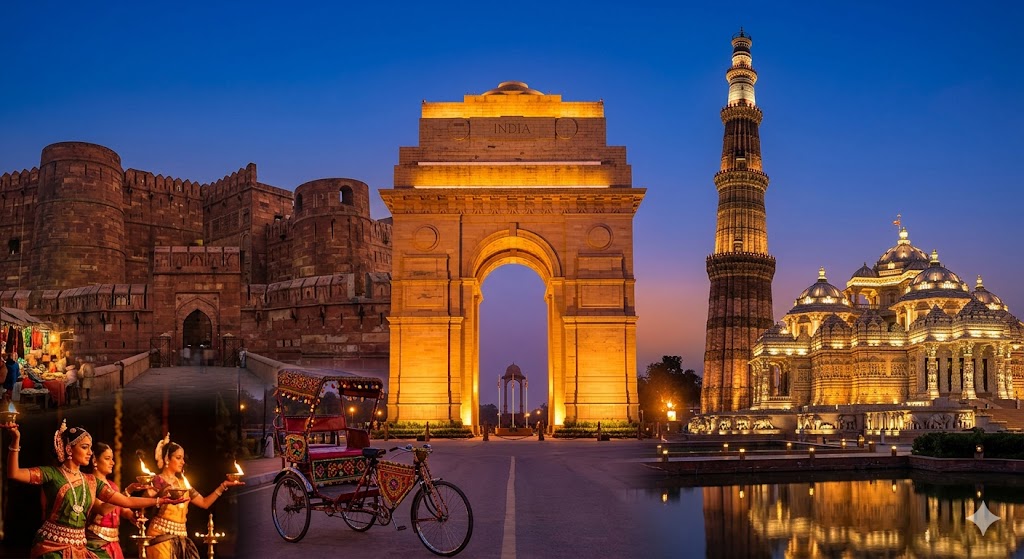Delhi Heritage Tour - India Gate war memorial illuminated at night in New Delhi