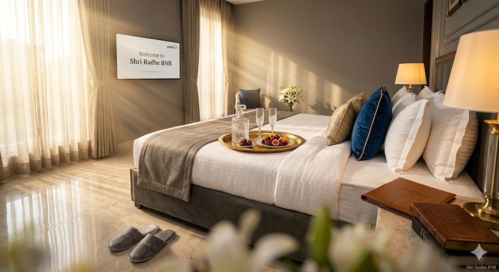 Hotel Shri Radhe - Spacious king-size bedroom with premium furnishings and air conditioning